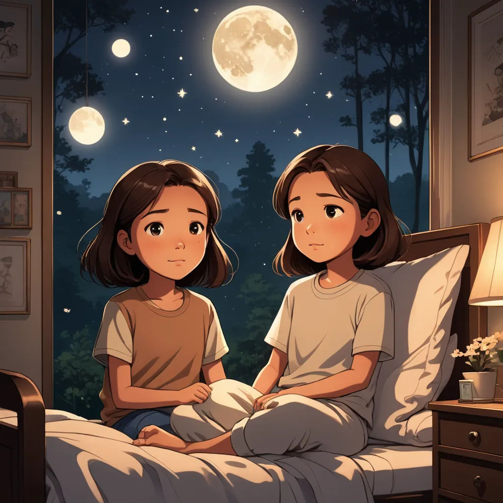 two girls sitting in bed looking at the moon in the sky above them, with a night sky behind them, space art, a storybook illustration, Atey Ghailan, moon