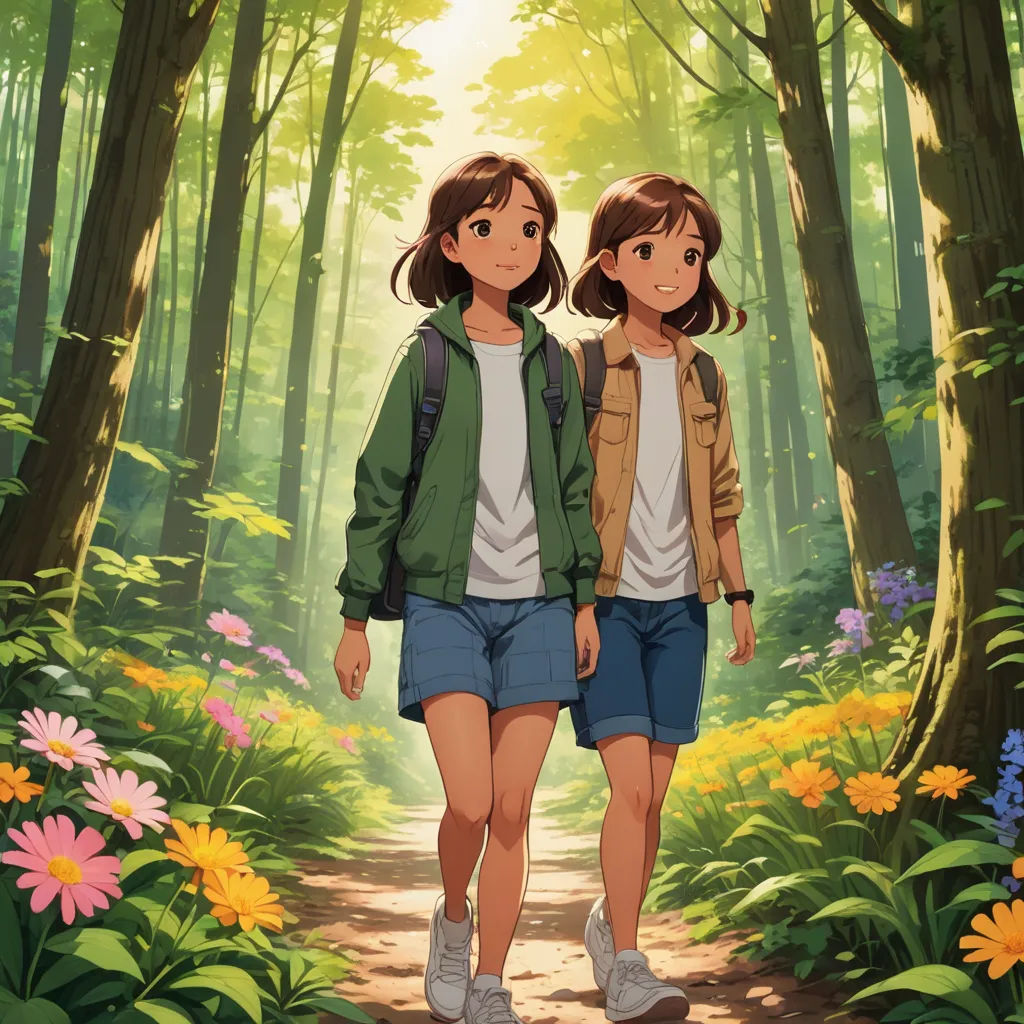 two girls walking down a path in a forest with flowers on the ground and trees in the background, with a sun shining through the trees, rayonism, a painting, disney, official art