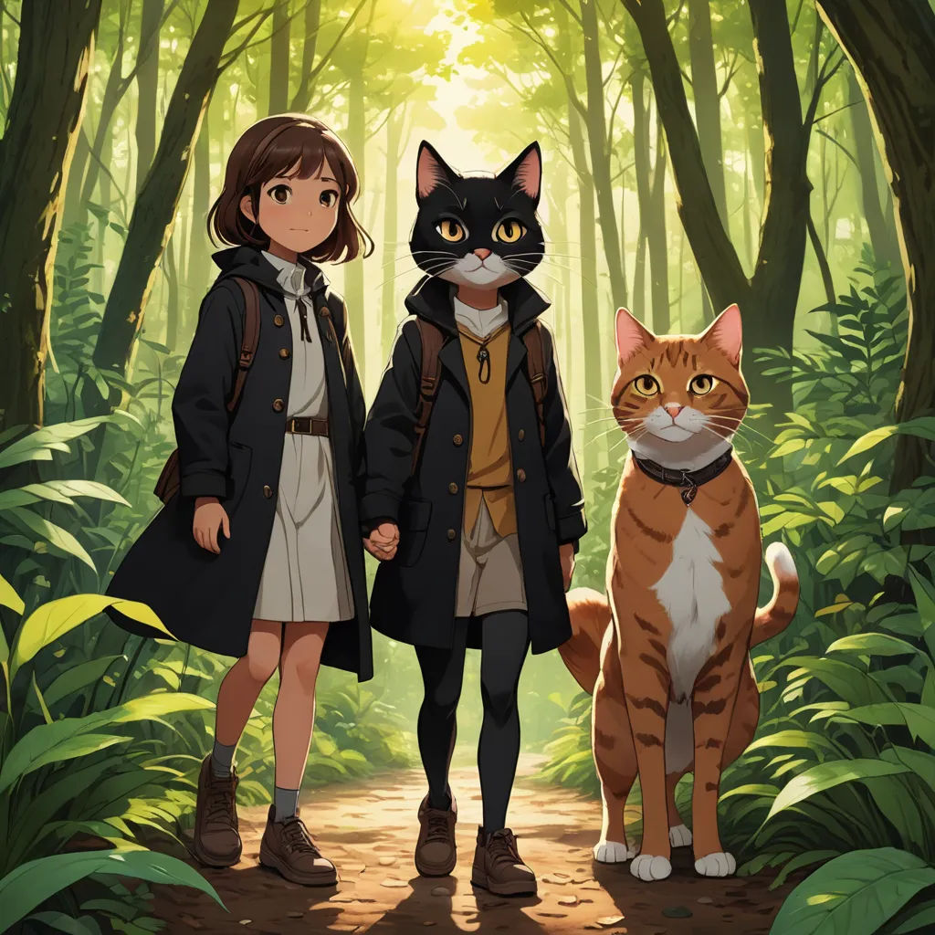 a couple of people standing next to a cat in a forest with trees and bushes behind them and a cat on the ground, furry art, poster art, Atey Ghailan, official art