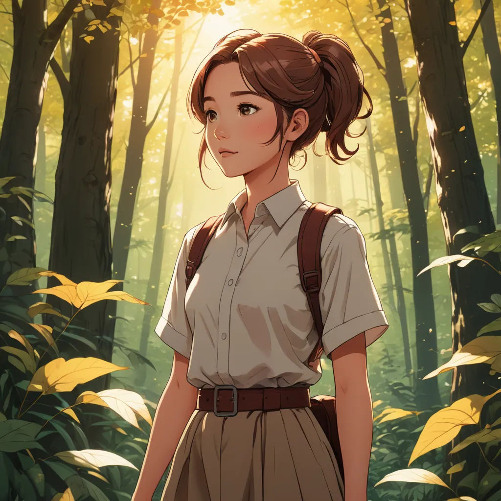 a woman standing in a forest with a backpack on her shoulder and a backpack on her shoulder, looking at the camera, fantasy art, a character portrait, Atey Ghailan, cushart krenz