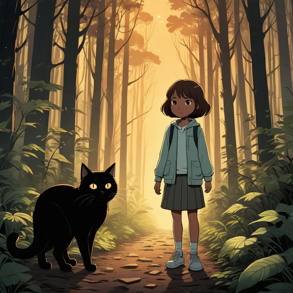 a girl standing in the woods with a cat looking on at her from behind her is a forest with a path that leads to a black cat, serial art, poster art, Atey Ghailan, key art