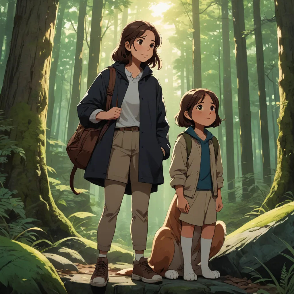 a woman and a dog standing in a forest with sunlight shining through the trees behind them and a man standing next to her, environmental art, poster art, Atey Ghailan, official art