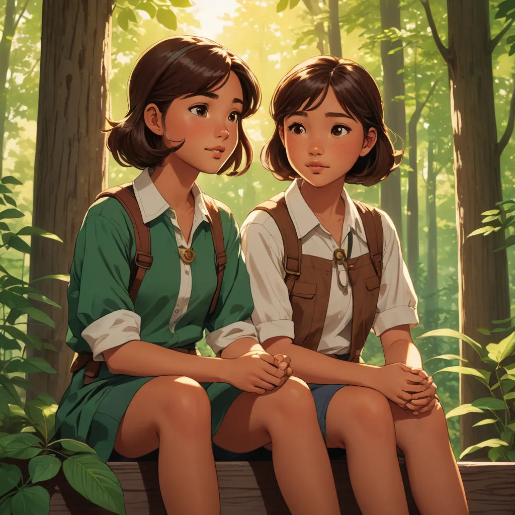 two girls sitting on a bench in the woods, one of them is looking at the camera and the other is looking at the camera, serial art, a storybook illustration, Artgerm, rossdraws global illumination