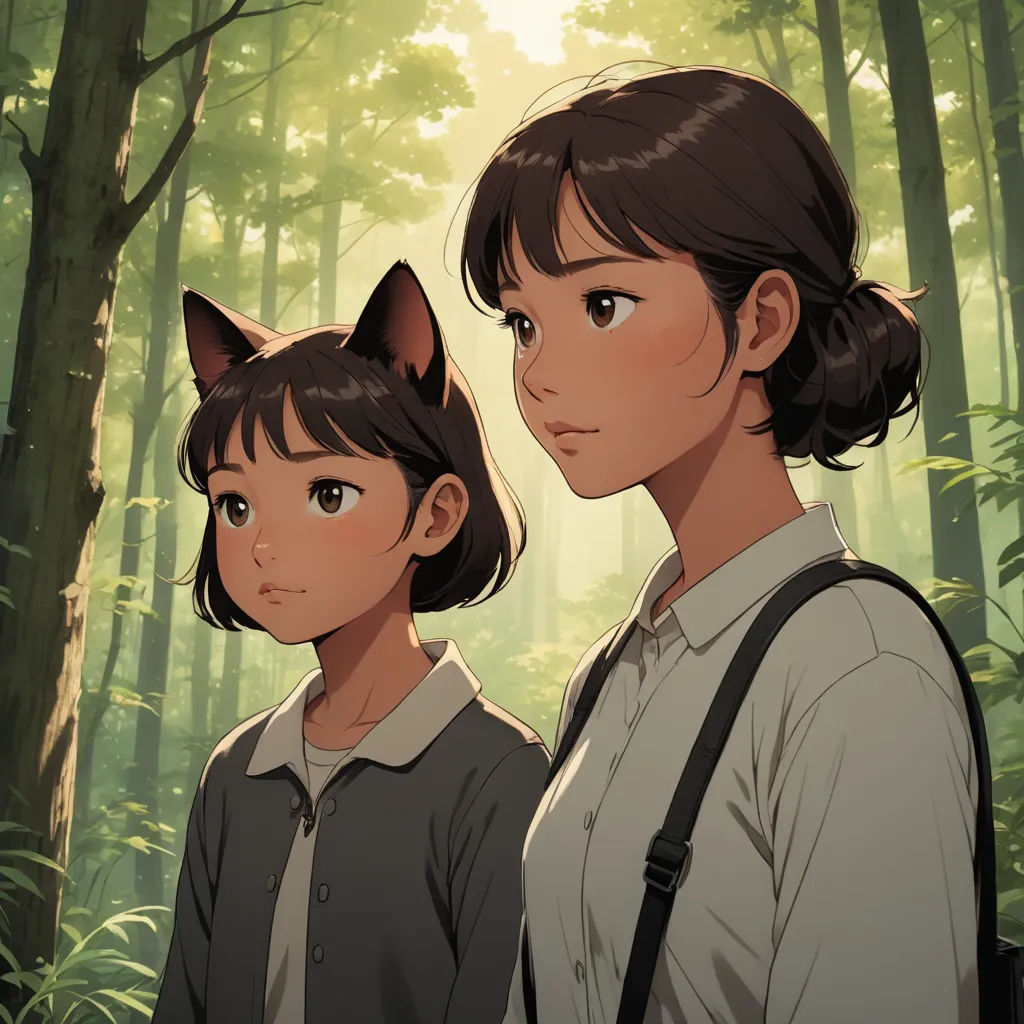 a couple of people standing in a forest with a cat on their shoulder and a cat on their shoulder, furry art, a comic book panel, Atey Ghailan, cushart krenz