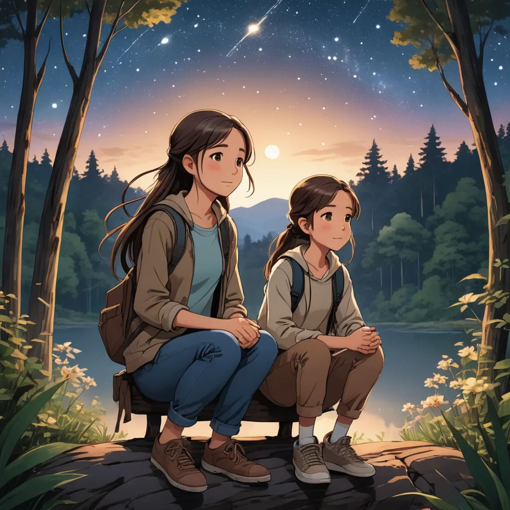 a couple of people sitting on a bench under a night sky with stars above them and a lake below, space art, poster art, Atey Ghailan, official art