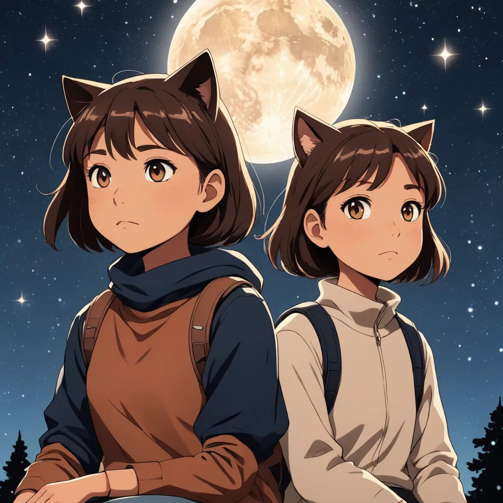 two anime characters are sitting in front of a full moon and trees, with the moon in the background, furry art, a manga drawing, Atey Ghailan, official art