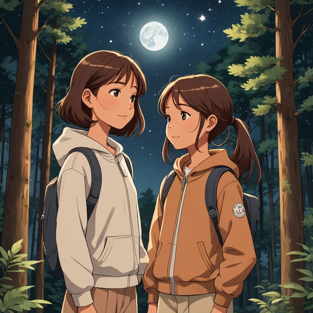 two people standing in the woods at night with the moon in the background and trees in the foreground, space art, poster art, Atey Ghailan, official art