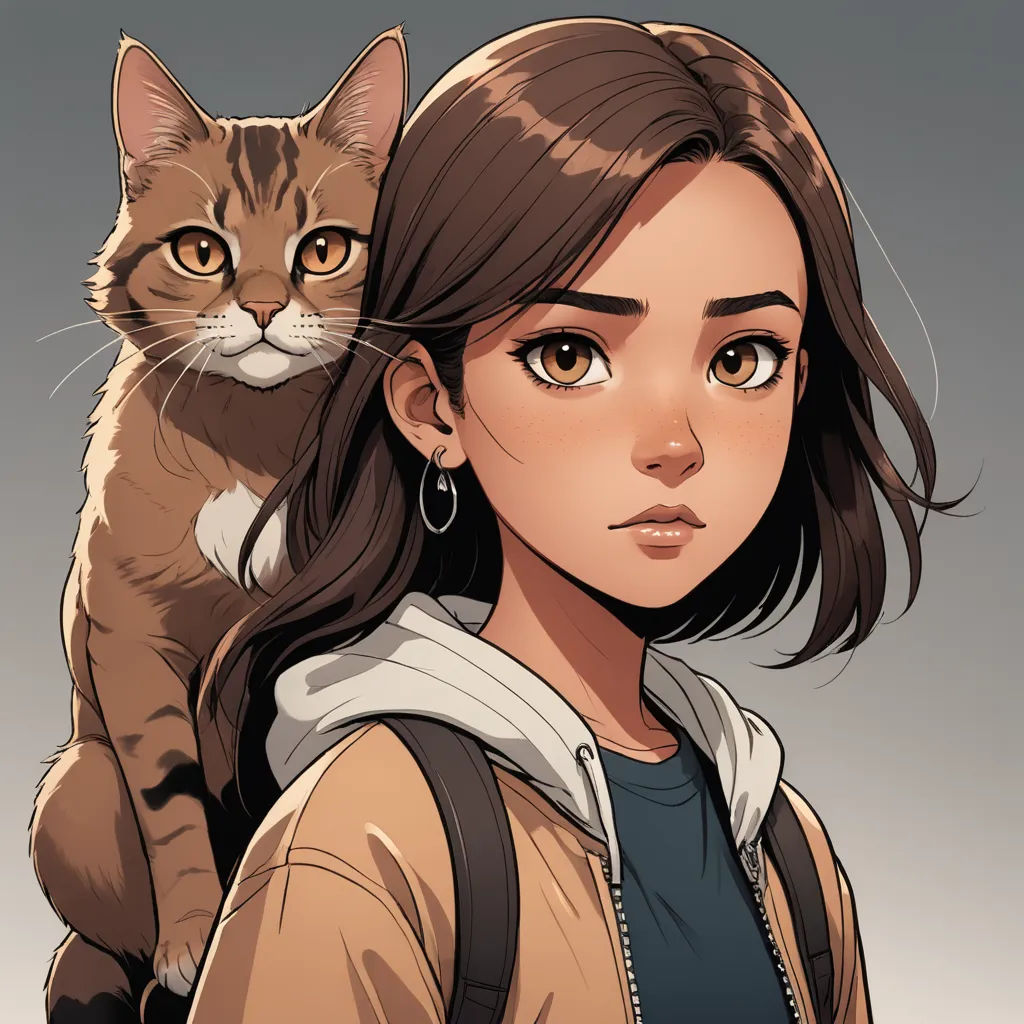 a woman with a cat on her back and a cat on her shoulder, in a cartoon style, with a gray background, furry art, a character portrait, Atey Ghailan, character portrait