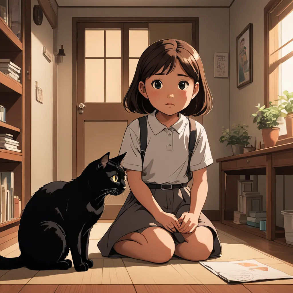 a girl sitting on the floor with a cat next to her on the floor is a bookcase and a window, visual art, poster art, Atey Ghailan, official art