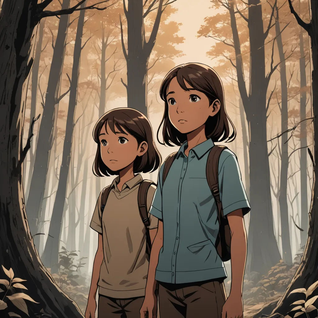 two people standing in a forest with trees and leaves on the ground, one of them is looking at the camera, serial art, poster art, Atey Ghailan, official art