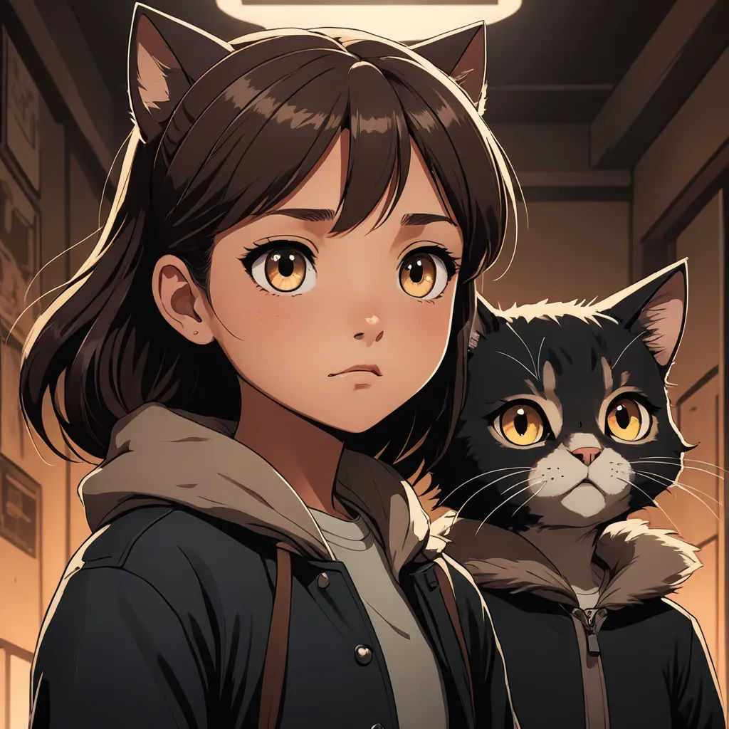 a woman holding a cat in her arms in a hallway with a sign above her head that says, i love you, furry art, a character portrait, Atey Ghailan, comic cover art