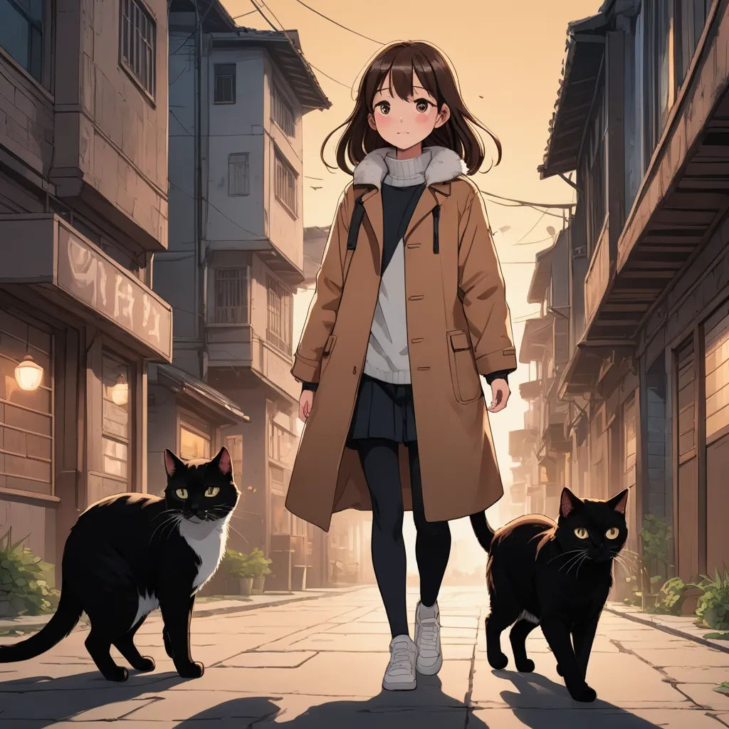 a woman walking down a street with two cats behind her and a cat behind her on the sidewalk,, graffiti, an album cover, Aya Goda, anime key visual