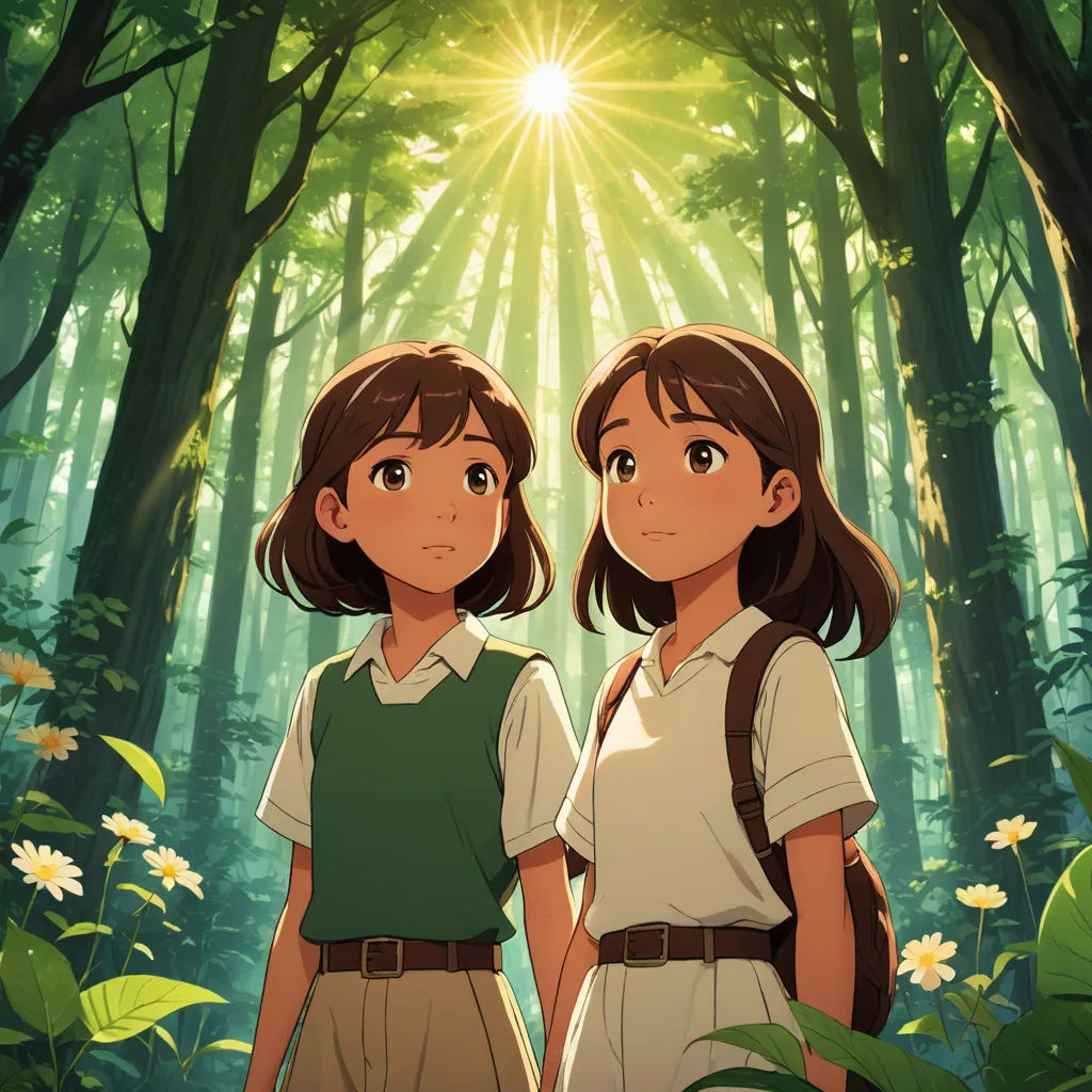 two young girls standing in the middle of a forest with sunlight shining through the trees behind them and a forest floor, rayonism, poster art, Beeple, official art