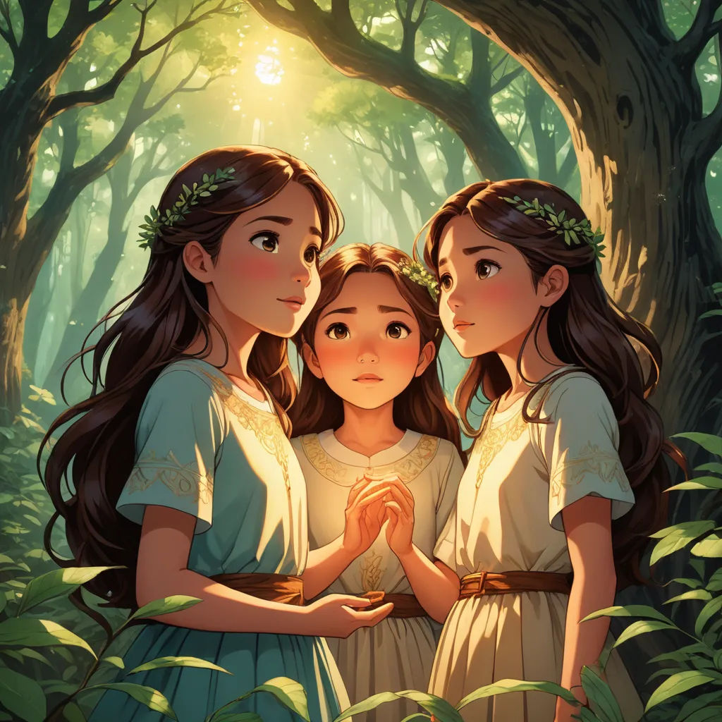 two girls standing in a forest with their hands together and the sun shining through the trees behind them, with a forest scene behind them, fantasy art, a storybook illustration, Artgerm, rossdraws global illumination