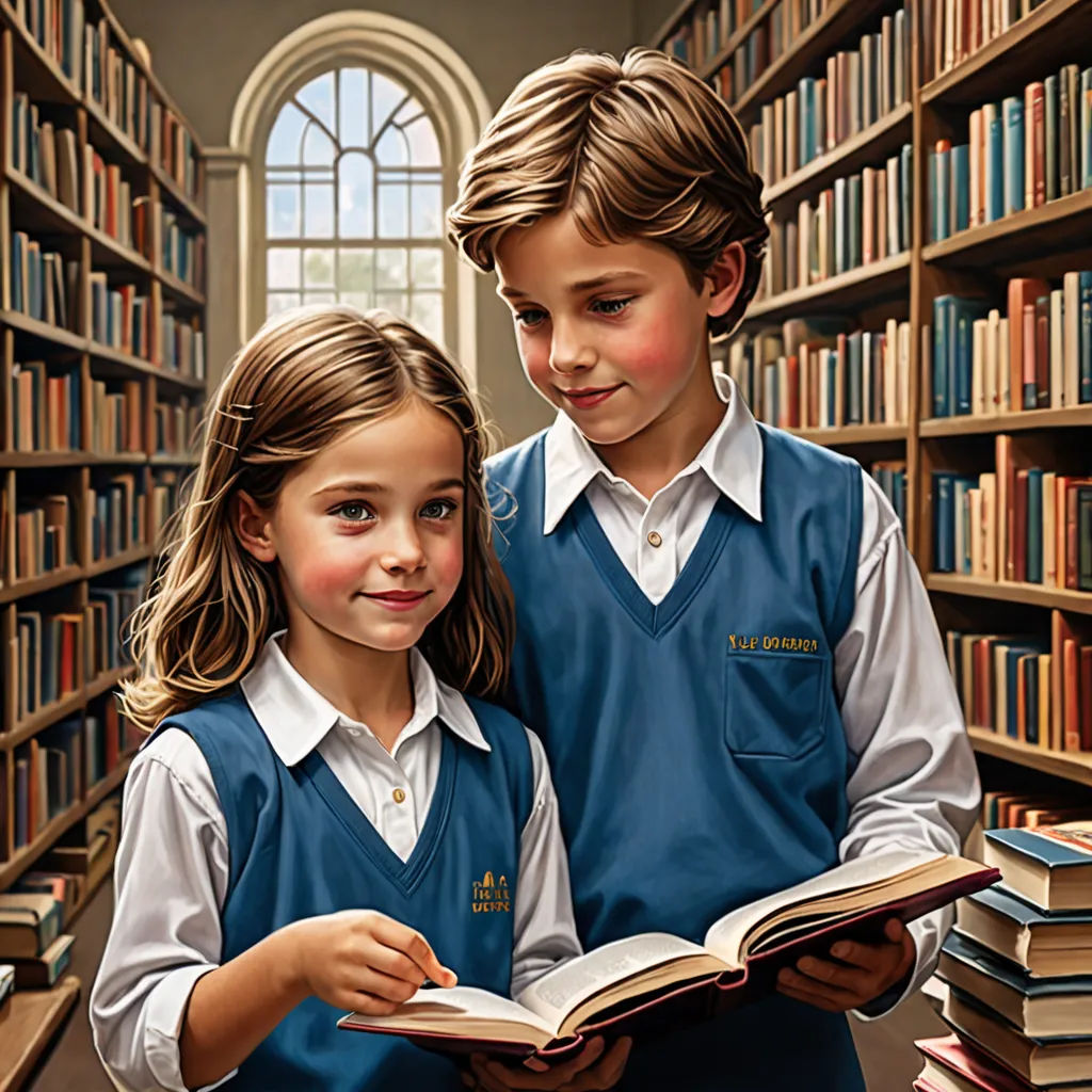 two children are reading a book in a library together, with bookshelves in the background and a window, photorealism, a storybook illustration, Bob Byerley, highly detailed digital painting