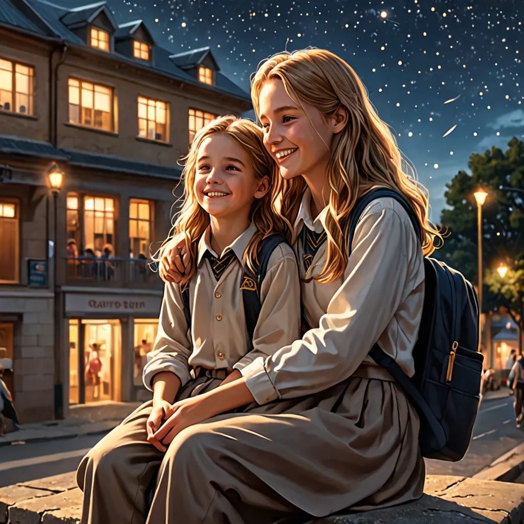 a painting of two girls sitting on a ledge in front of a building at night with stars in the sky, magical realism, a detailed matte painting, Evgeny Lushpin, key art