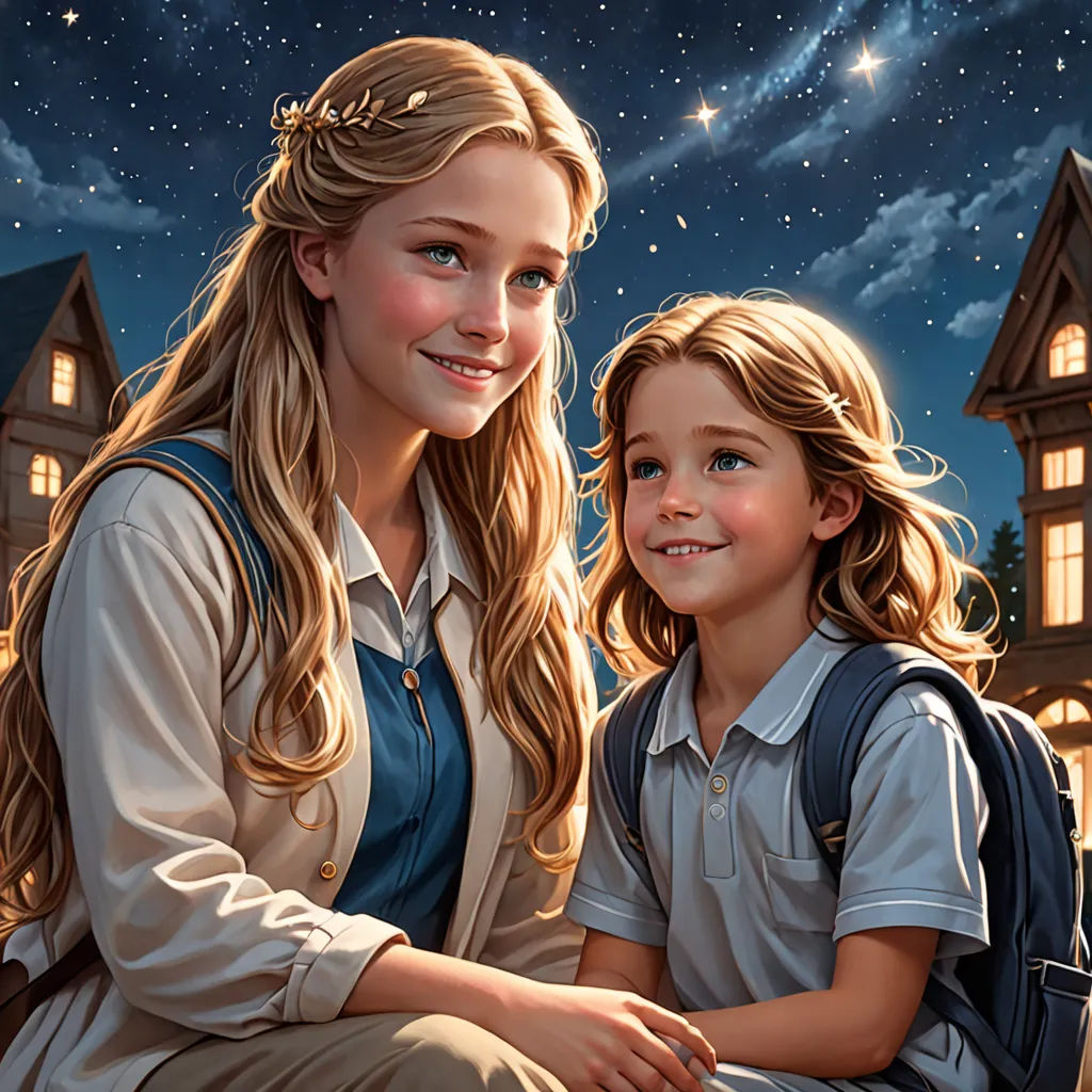 a painting of a mother and her child sitting on a bench in front of a night sky with stars, fantasy art, a storybook illustration, Brothers Hildebrandt, kinkade