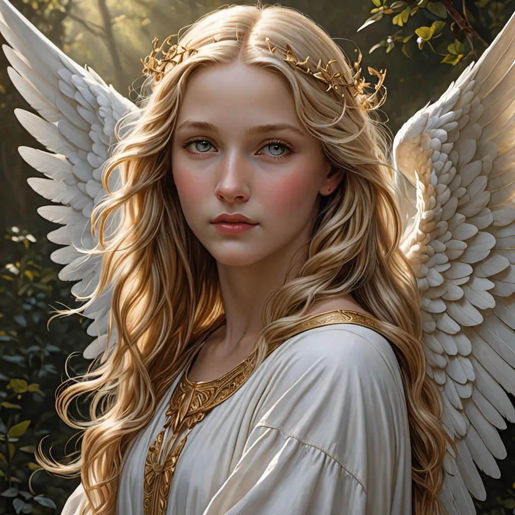 a painting of a woman with angel wings on her head and a halo around her neck, with trees in the background, fantasy art, a photorealistic painting, Anne Stokes, highly detailed digital painting