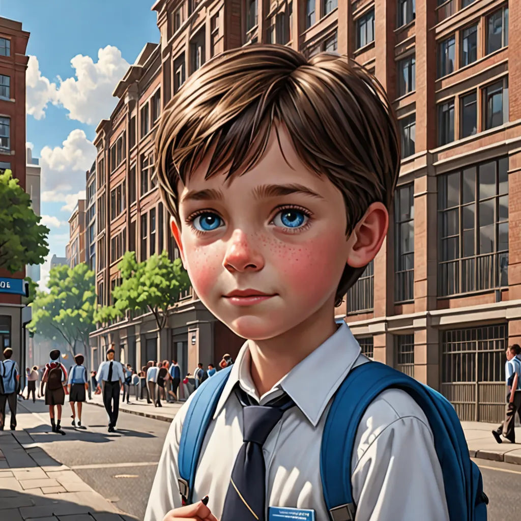 a boy in a school uniform is standing on the street with a backpack on his shoulder and a backpack on his shoulder, photorealism, a detailed matte painting, Aaron Jasinski, highly detailed digital painting