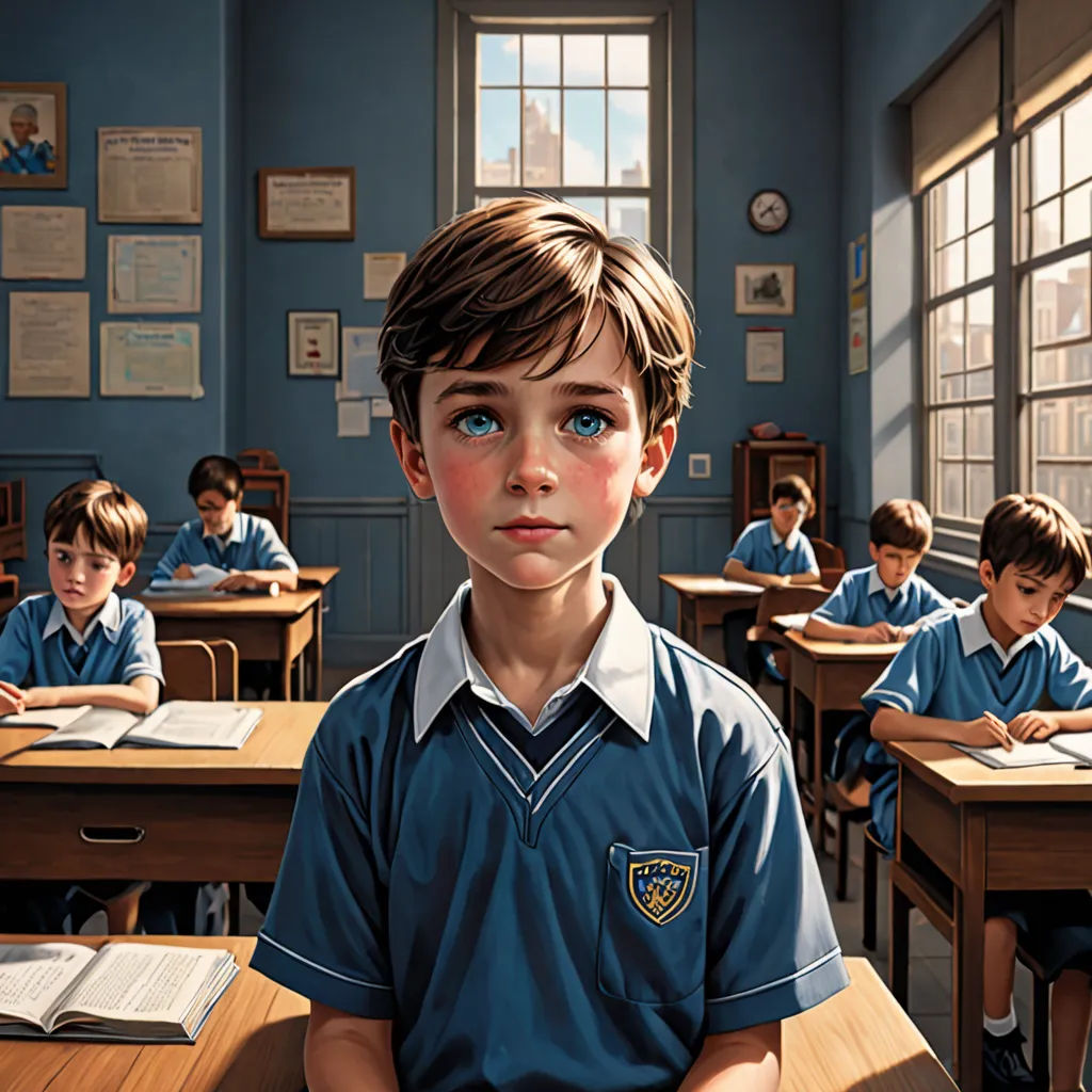 a painting of a boy in a classroom with his hands on his hips and other children sitting at desks, fantastic realism, a detailed painting, Aaron Jasinski, highly detailed digital painting