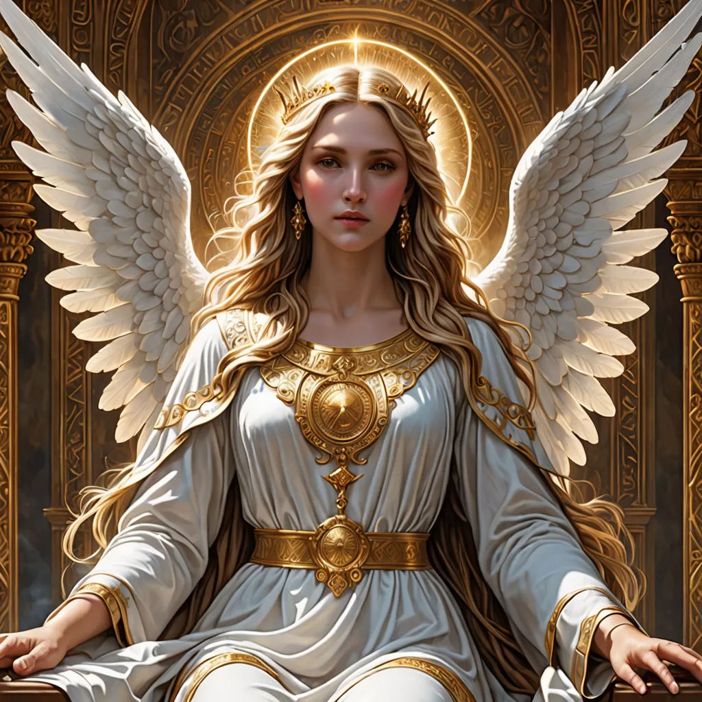 a woman with angel wings sitting on a ledge with a golden halo around her neck and arms outstretched, with a golden halo around her neck, gothic art, a detailed painting, Anne Stokes, angelic