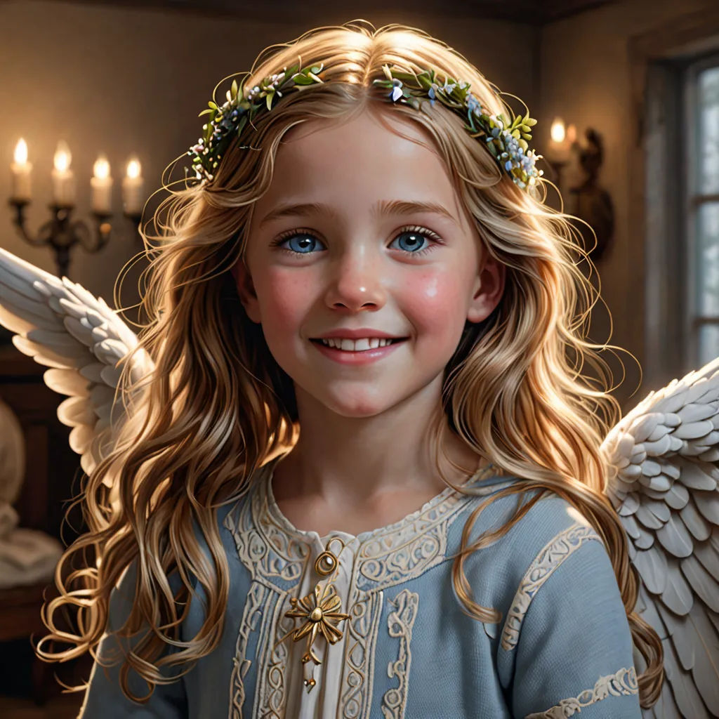 a little girl with angel wings and a halo around her head smiling at the camera with candles in the background, fantasy art, a photorealistic painting, Bob Byerley, highly detailed digital painting