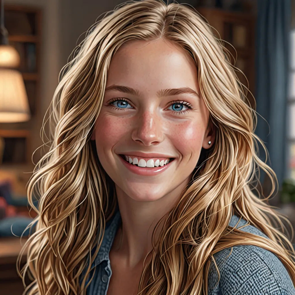 a woman with long blonde hair and blue eyes smiling at the camera with a blue shirt on and a lamp in the background, photorealism, a photorealistic painting, Daniel Lieske, highly detailed digital painting