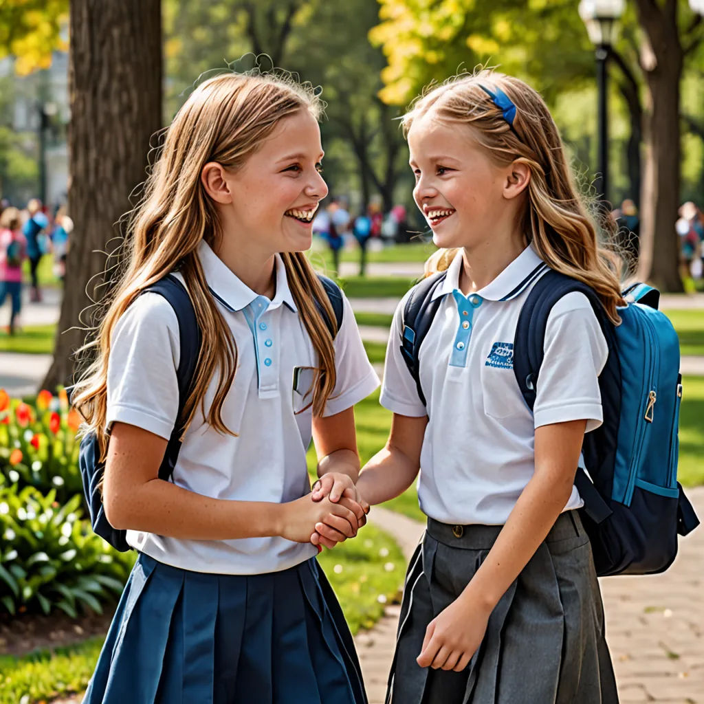 two girls in school uniforms are holding hands and smiling at each other while standing on a sidewalk in a park, heidelberg school, a stock photo, Christian Hilfgott Brand, promotional image