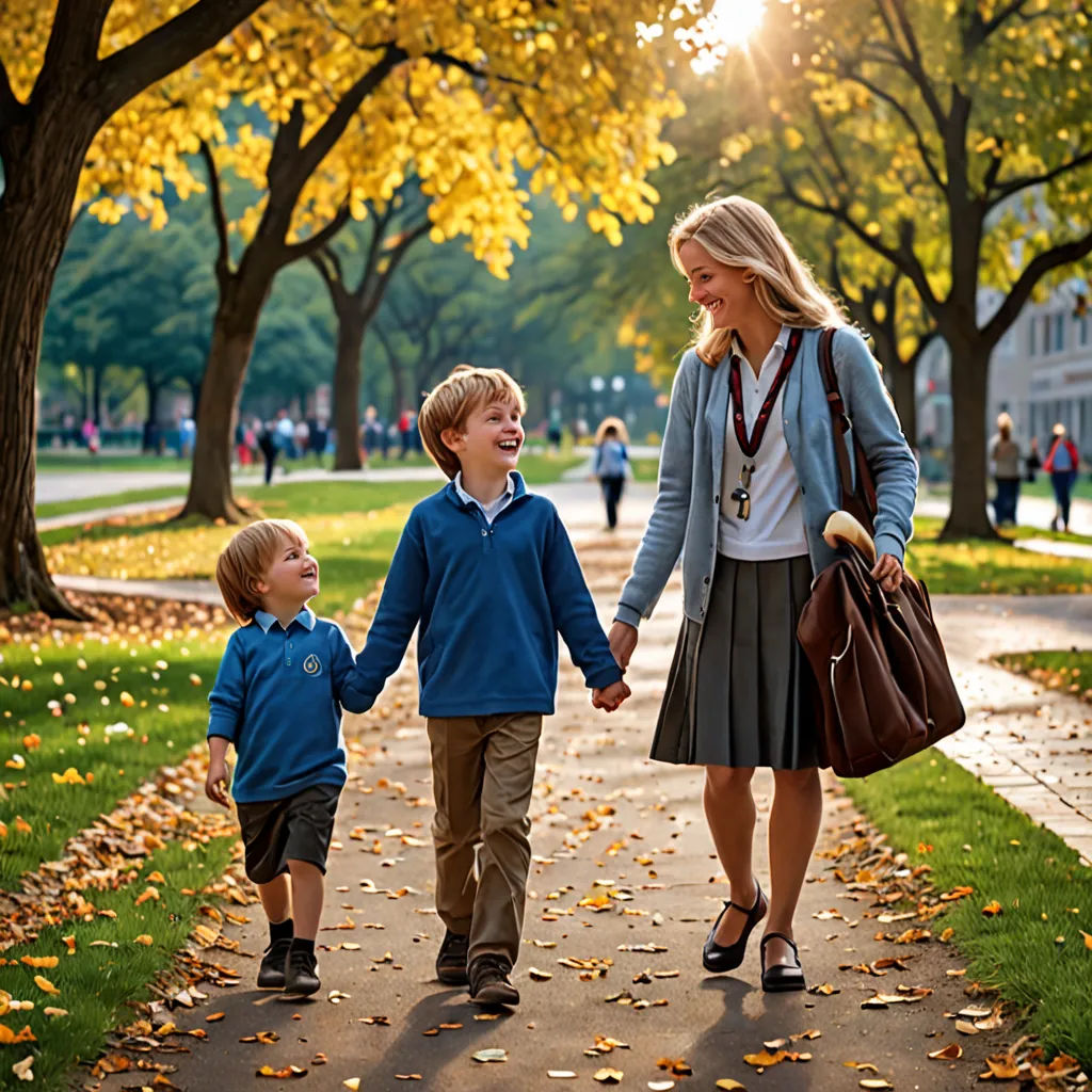 a woman and two children walking down a path in a park with trees and leaves on the ground and a building in the background, heidelberg school, a stock photo, Emma Lampert Cooper, promotional image