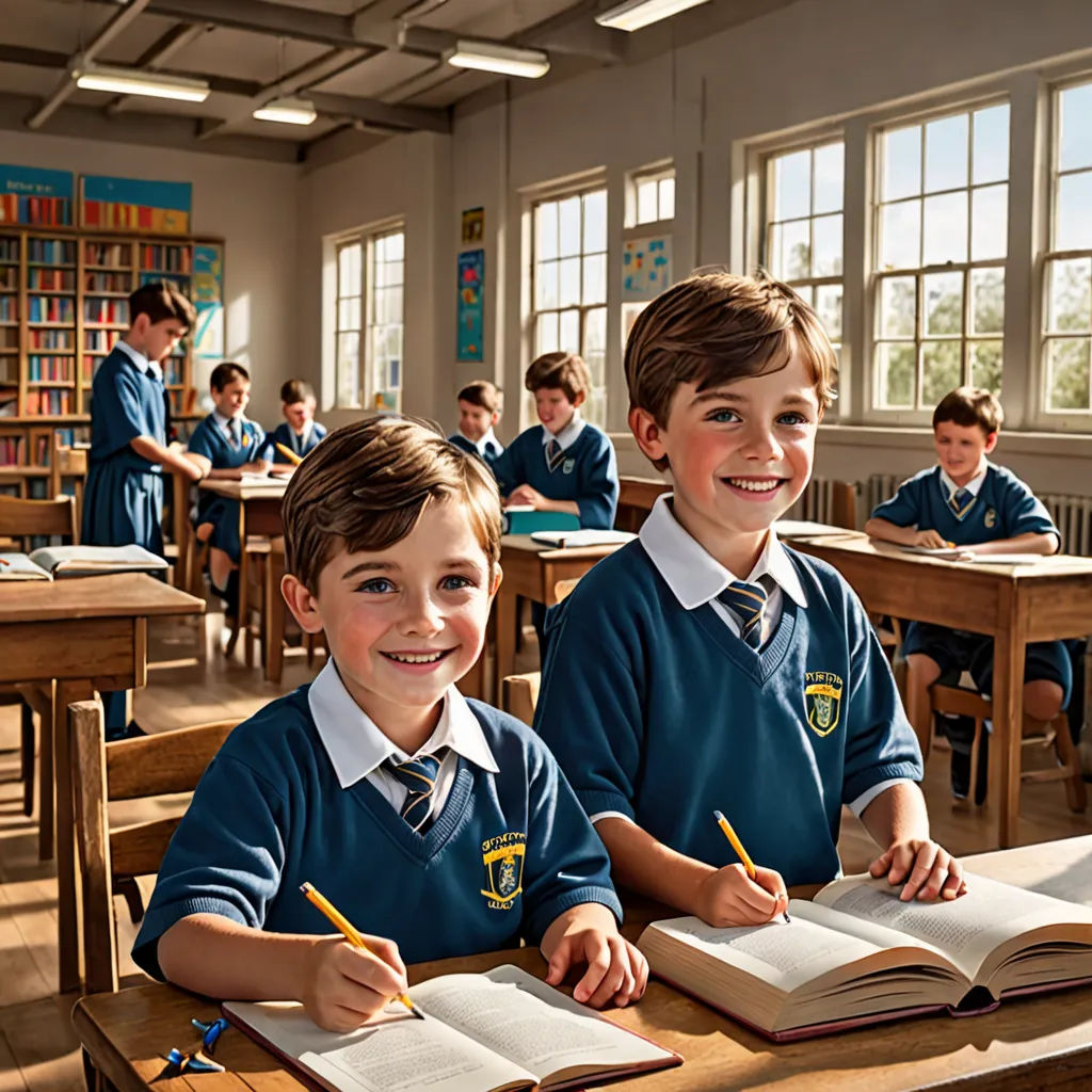 two young boys sitting at desks in a classroom with books and pencils in their hands and smiling, danube school, a computer rendering, David Teniers III, promotional image