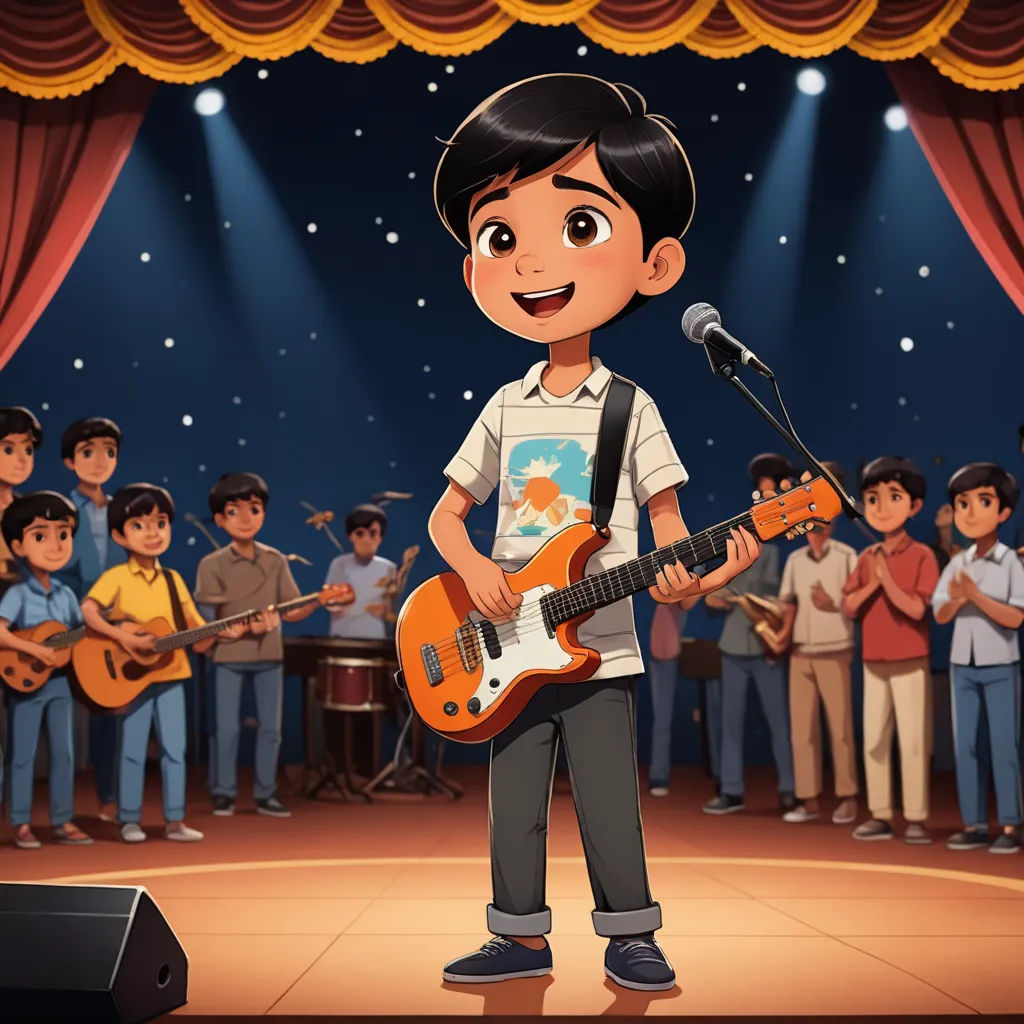 a boy playing guitar in front of a crowd of people on stage with a microphone and a microphone stand, bengal school of art, a storybook illustration, Bikash Bhattacharjee, promotional image