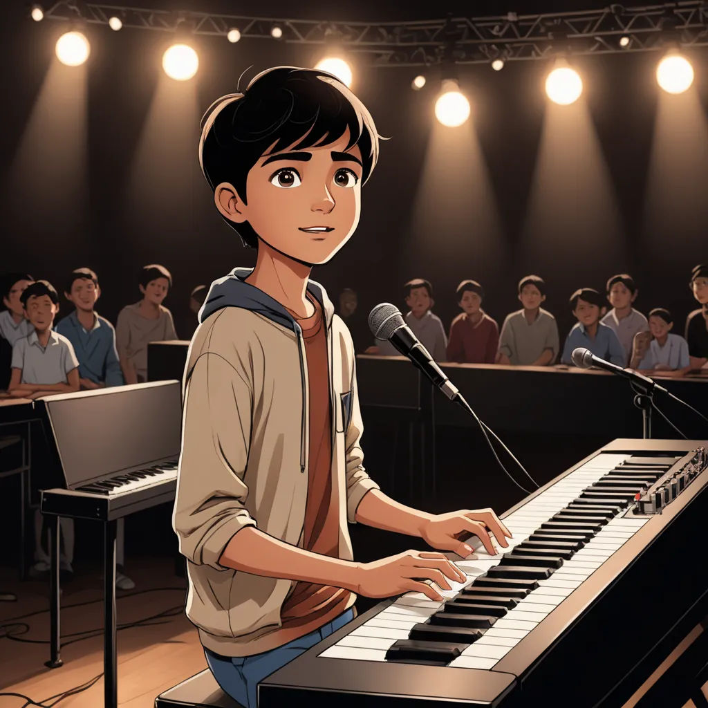 a boy playing a keyboard in front of a microphone and a microphone stand with a microphone in front of him, dau-al-set, a comic book panel, Asaf Hanuka, official art