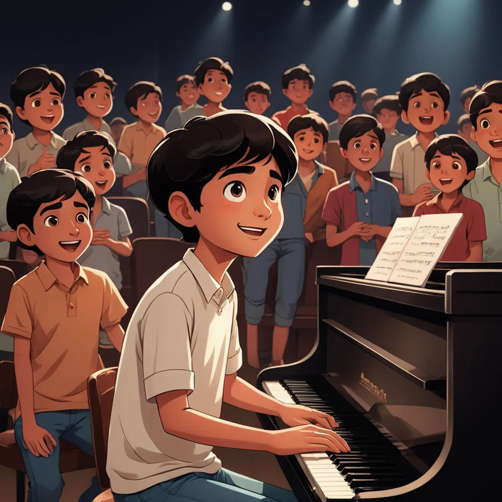 a boy playing a piano in front of a crowd of people in a theater or concert hall with a microphone, samikshavad, a storybook illustration, Asaf Hanuka, official art