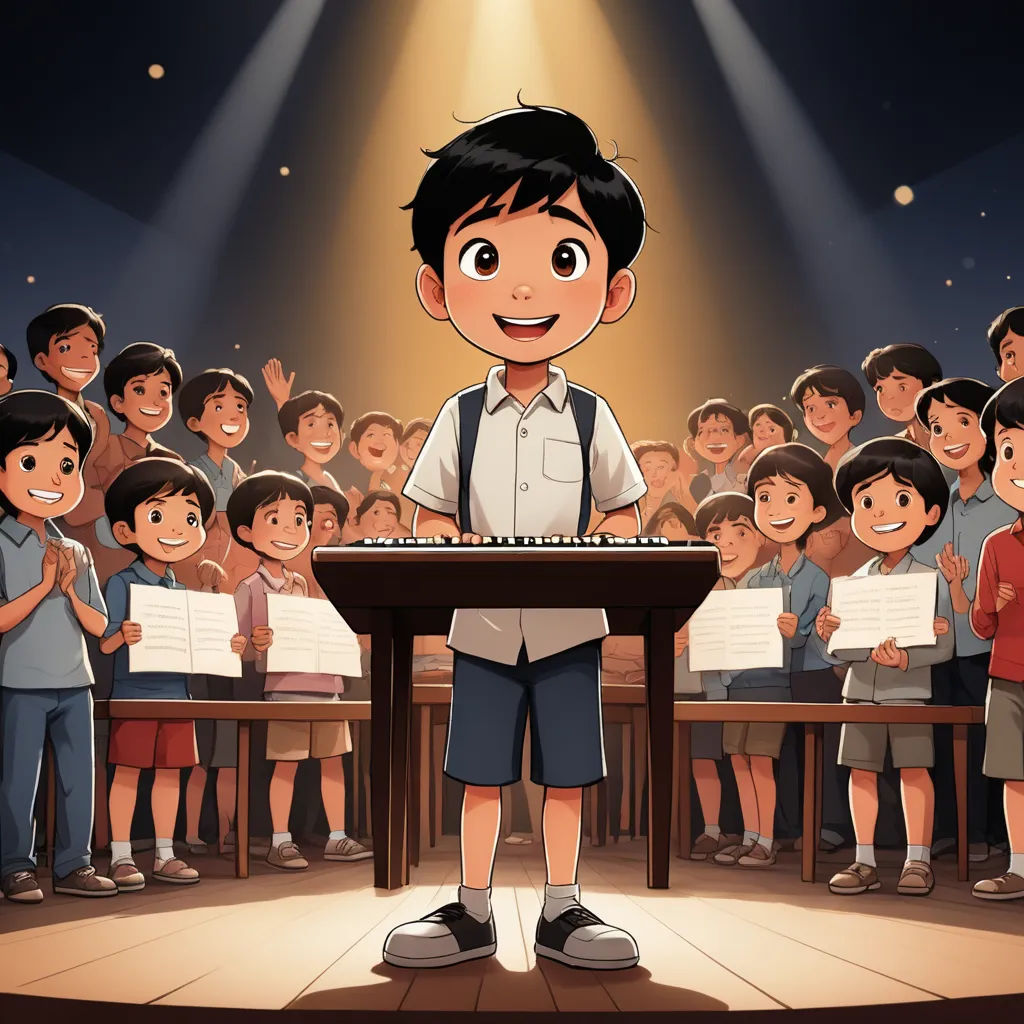 a boy standing in front of a microphone in front of a crowd of people holding sheet music instruments in front of him, paris school, a storybook illustration, Diego Gisbert Llorens, official art