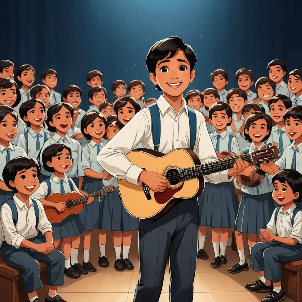 a man holding a guitar in front of a group of children in school uniforms, all dressed in blue, lyco art, a storybook illustration, Fernando Amorsolo, official art