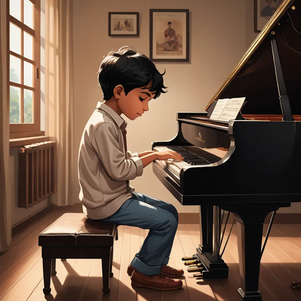 a boy sitting at a piano playing a song in a room with a window and a picture on the wall, bengal school of art, a storybook illustration, Alejandro Burdisio, official art