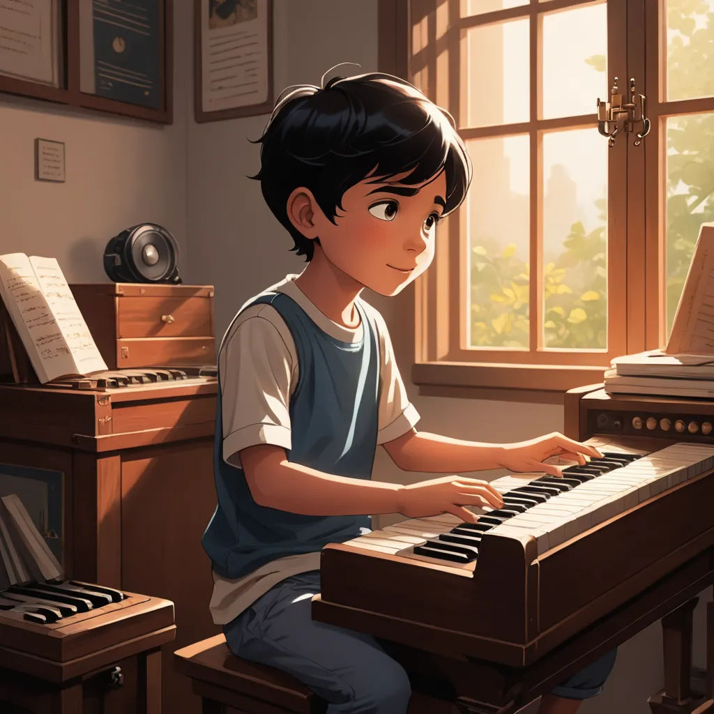 a boy playing a piano in a room with a window and a piano keyboard in front of him and a bookcase, sots art, a storybook illustration, Aaron Jasinski, rossdraws global illumination