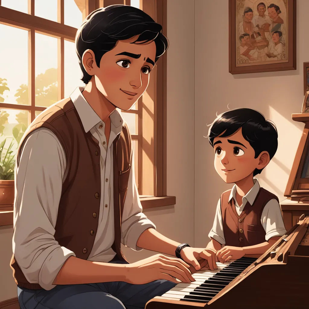 a man sitting next to a boy playing a piano in a room with a window and a painting on the wall, sots art, a storybook illustration, Fernando Amorsolo, official art