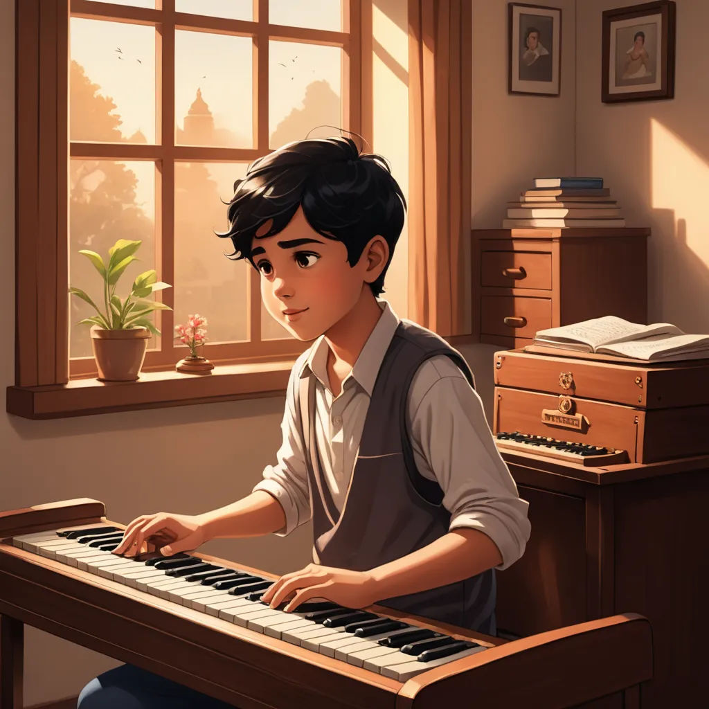 a boy sitting at a piano playing a song on the keyboard in front of a window with a potted plant, sots art, a storybook illustration, Atey Ghailan, rossdraws global illumination