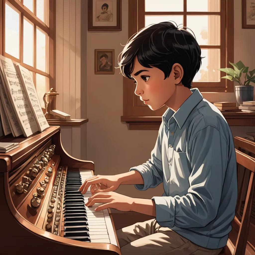 a boy playing a piano in a room with windows and a potted plant on the side of the window, serial art, a comic book panel, Aaron Jasinski, key art