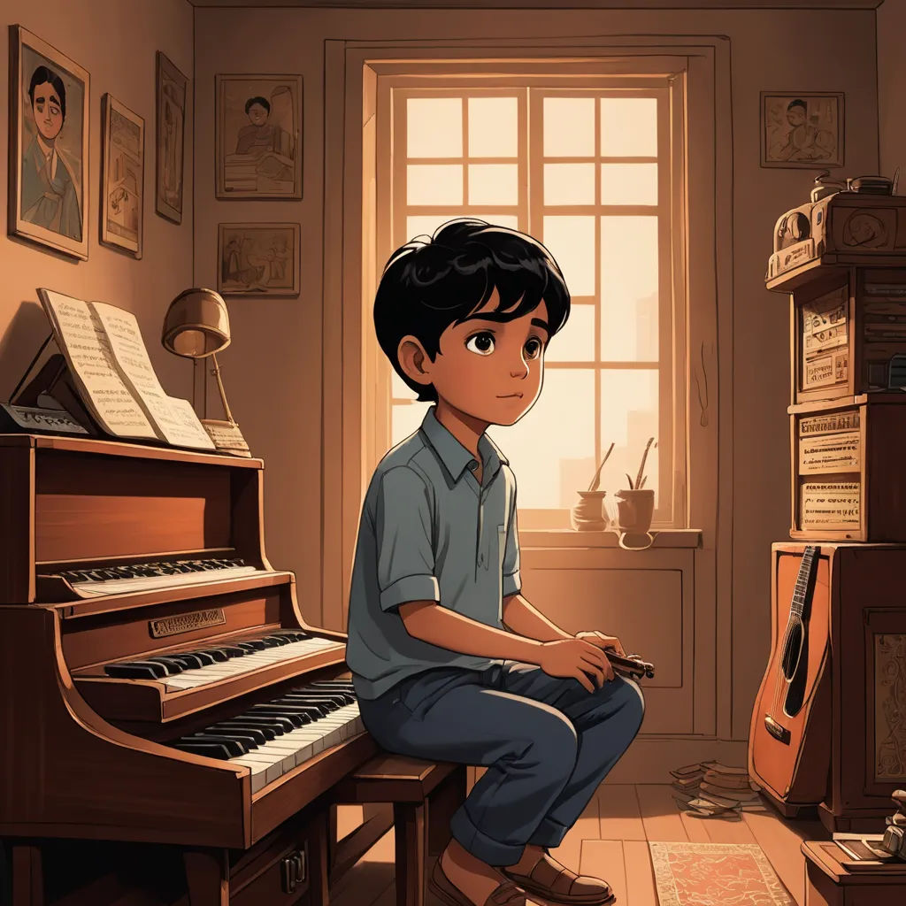 a boy sitting on a piano in a room with a piano and a piano keyboard in front of him, serial art, poster art, Diego Gisbert Llorens, key art