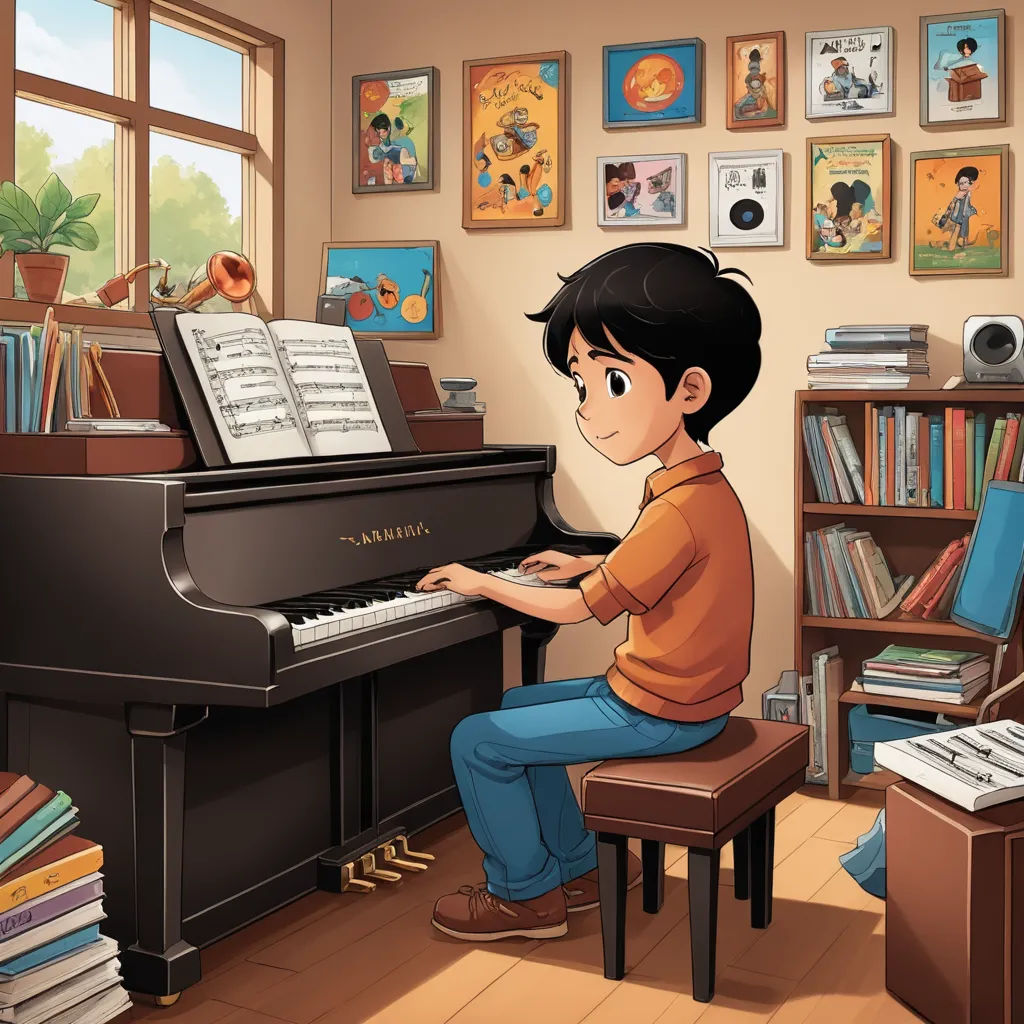 a boy playing a piano in a room with many books and pictures on the wall behind him and a bird on the piano, lyco art, a storybook illustration, Asaf Hanuka, official art