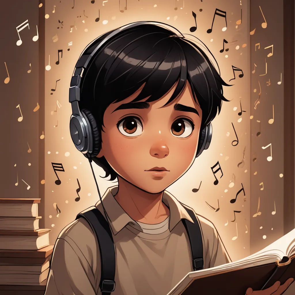 a boy with headphones is reading a book and listening to music notes on headphones on his ears, serial art, a comic book panel, Aaron Jasinski, comic cover art