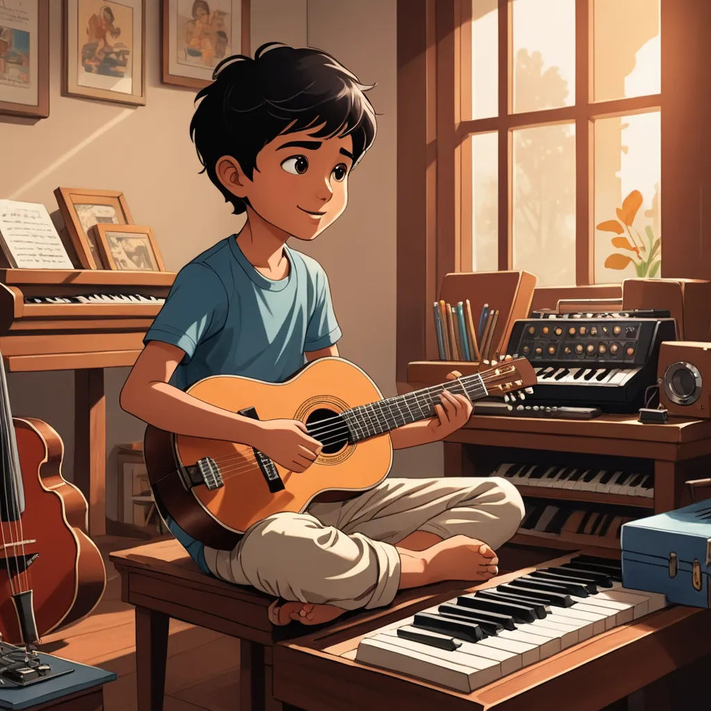 a boy playing a guitar in a room with musical instruments and a piano in the background, with a window to the left, sots art, a storybook illustration, Diego Gisbert Llorens, official art