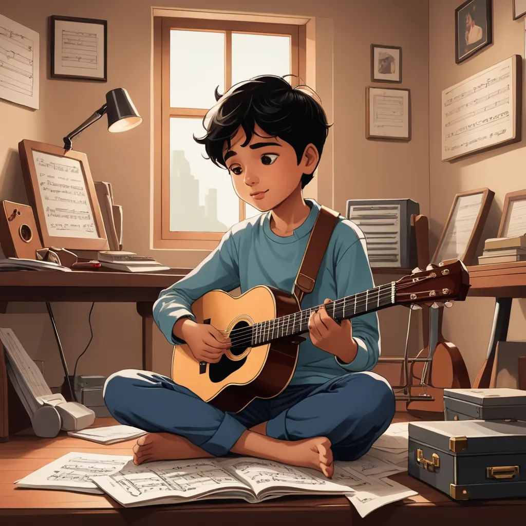 a boy sitting on the floor playing a guitar in a room with a desk and a lamp on it, sots art, a storybook illustration, Cliff Childs, storybook illustration