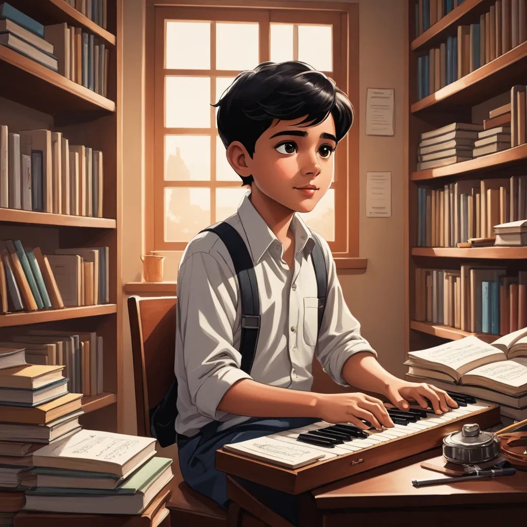 a boy sitting at a desk with a keyboard and books in front of him and a window with books, computer art, a storybook illustration, Diego Gisbert Llorens, storybook illustration