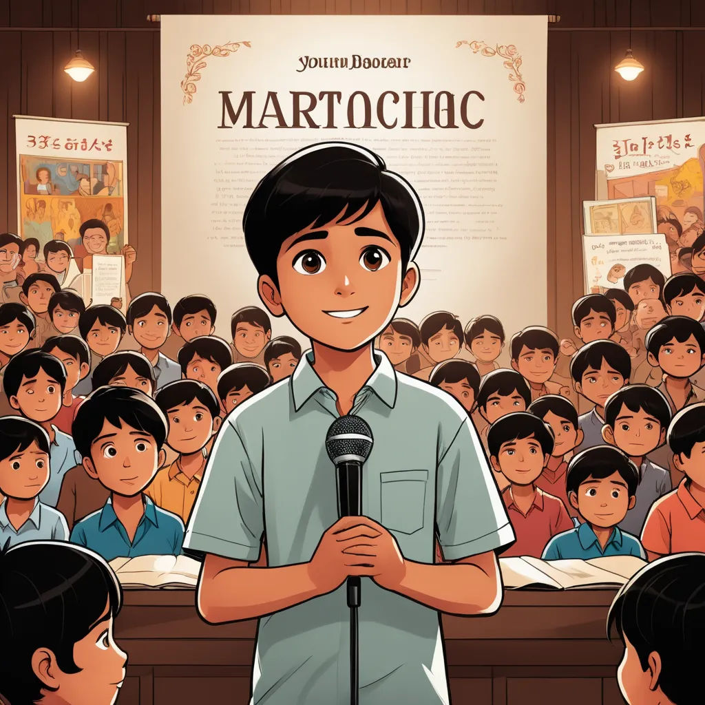 a man standing in front of a microphone in front of a crowd of people in a classroom with a poster on the wall, mannerism, a storybook illustration, Andrey Yefimovich Martynov, comic cover art