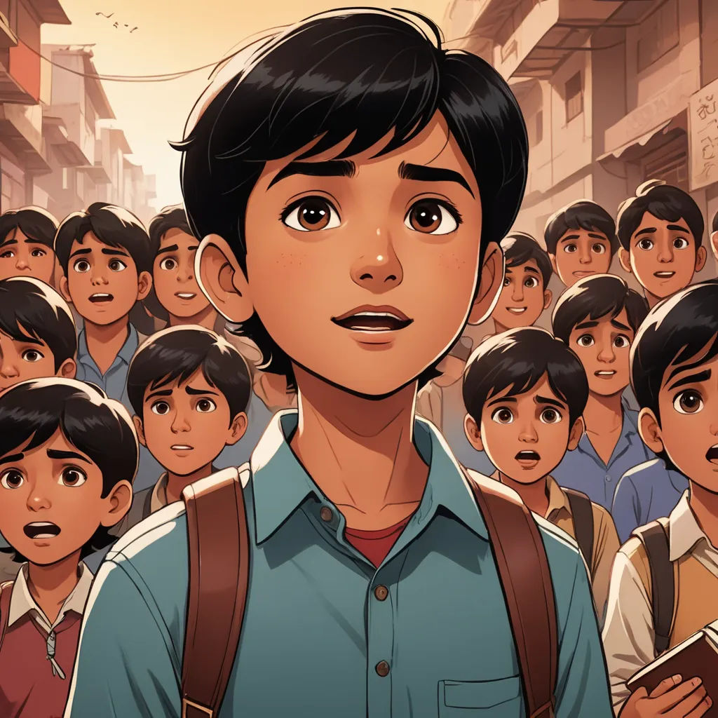 a boy standing in front of a crowd of people with a book in his hand and a book in his other hand, samikshavad, a comic book panel, Amir Zand, graphic novel