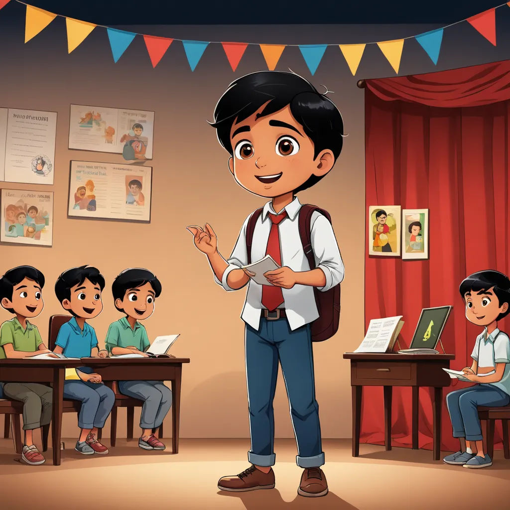 a boy standing in front of a classroom full of kids with a teacher in the background illustration by alex kraut, bengal school of art, a storybook illustration, Bikash Bhattacharjee, promotional image
