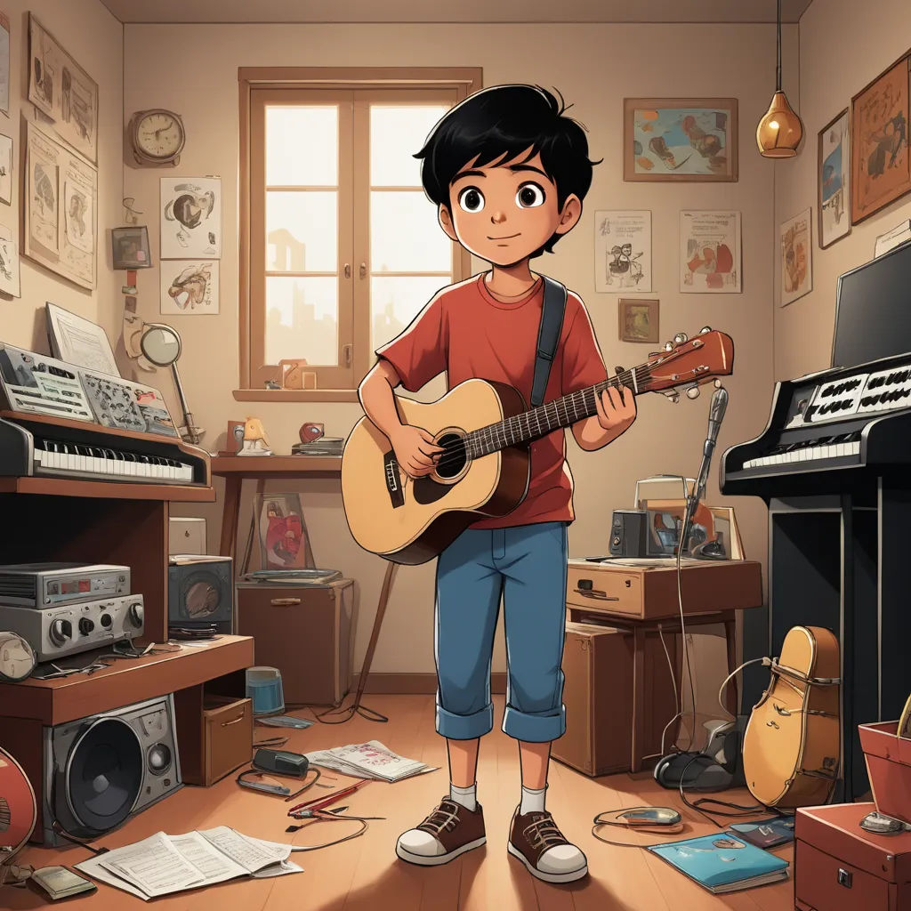 a boy playing a guitar in a messy room with a piano and a keyboard in the background and a piano on the floor, paris school, poster art, Diego Gisbert Llorens, official art